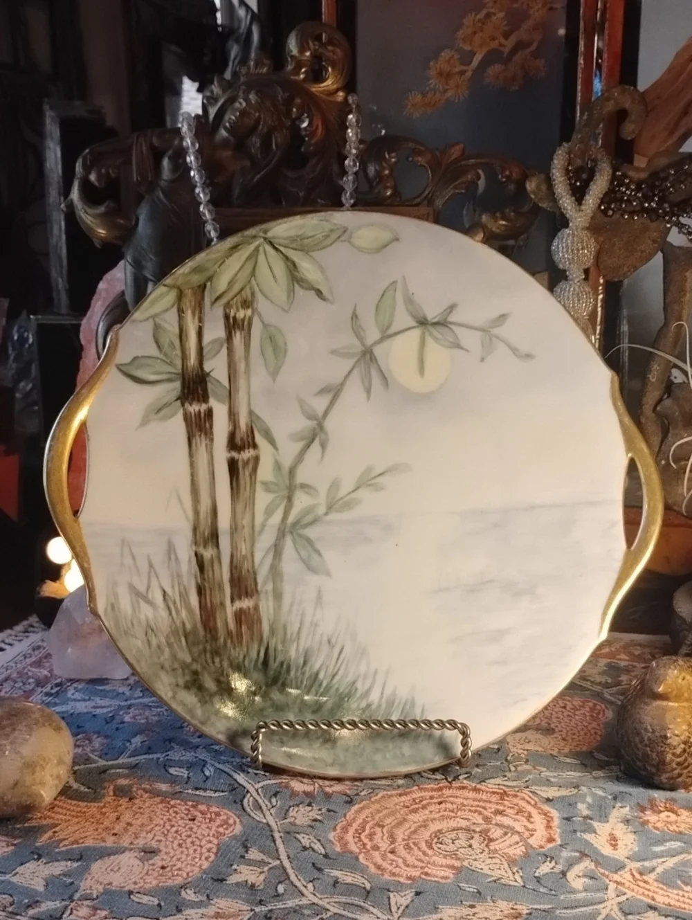 Vintage Art DecoHand-Painted Bamboo Porcelain Serving Platter - Gold-Trim Accent